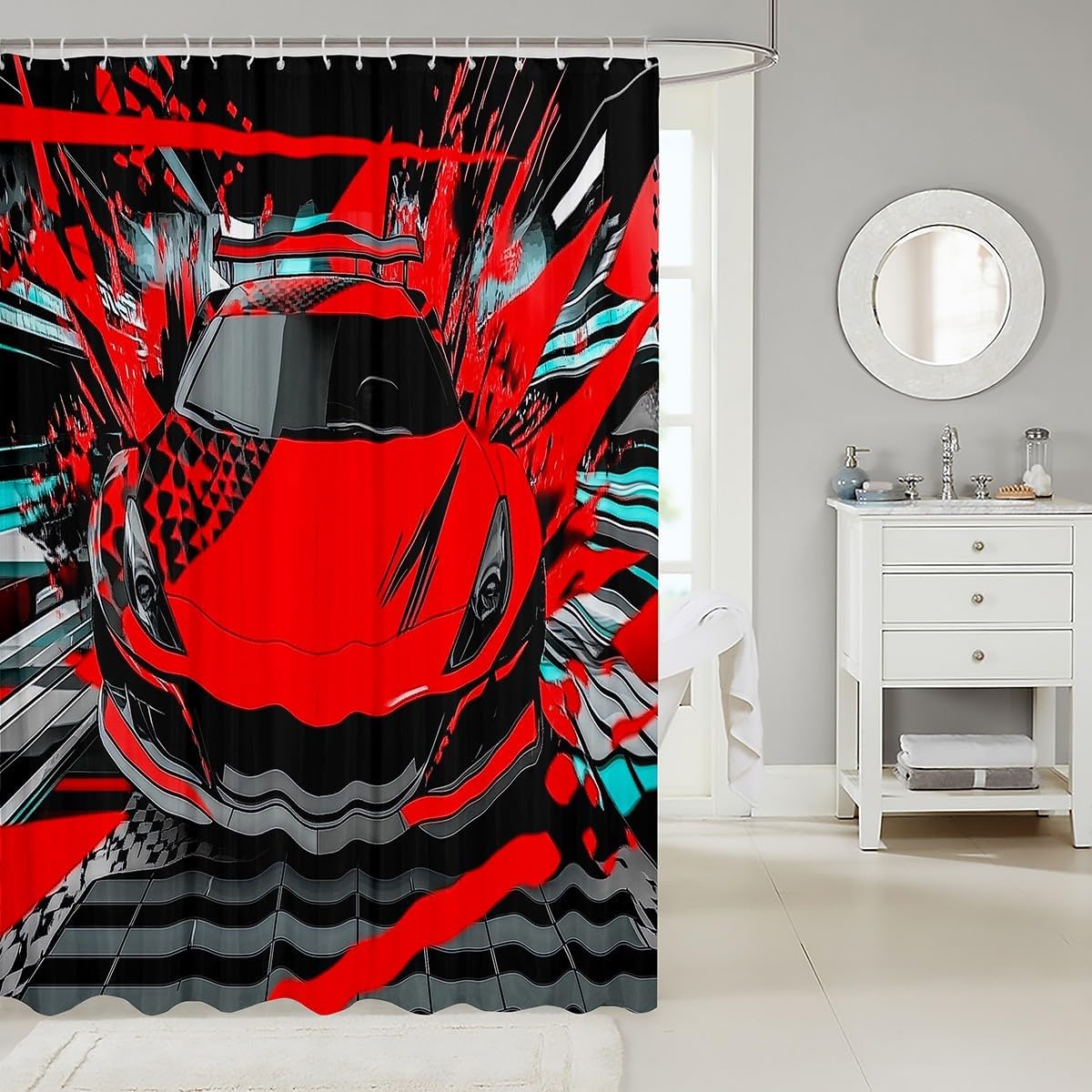 Feelyou Kids Red Race Car Shower Curtain Set