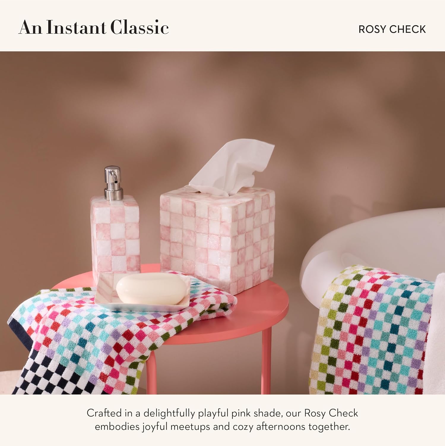 MACKENZIE-CHILDS Capiz Soap Pump with Pink-and-White Rosy Check