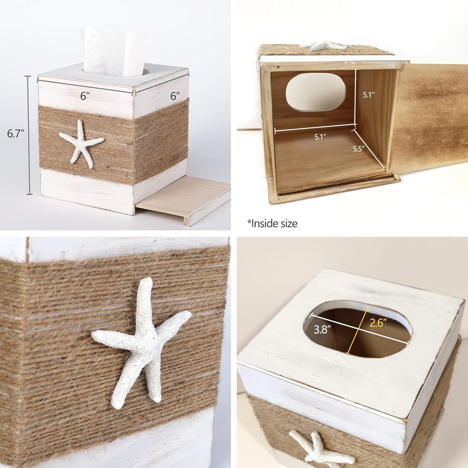 SOMTO Rustic White Wood Tissue Box Cover with Starfish Design