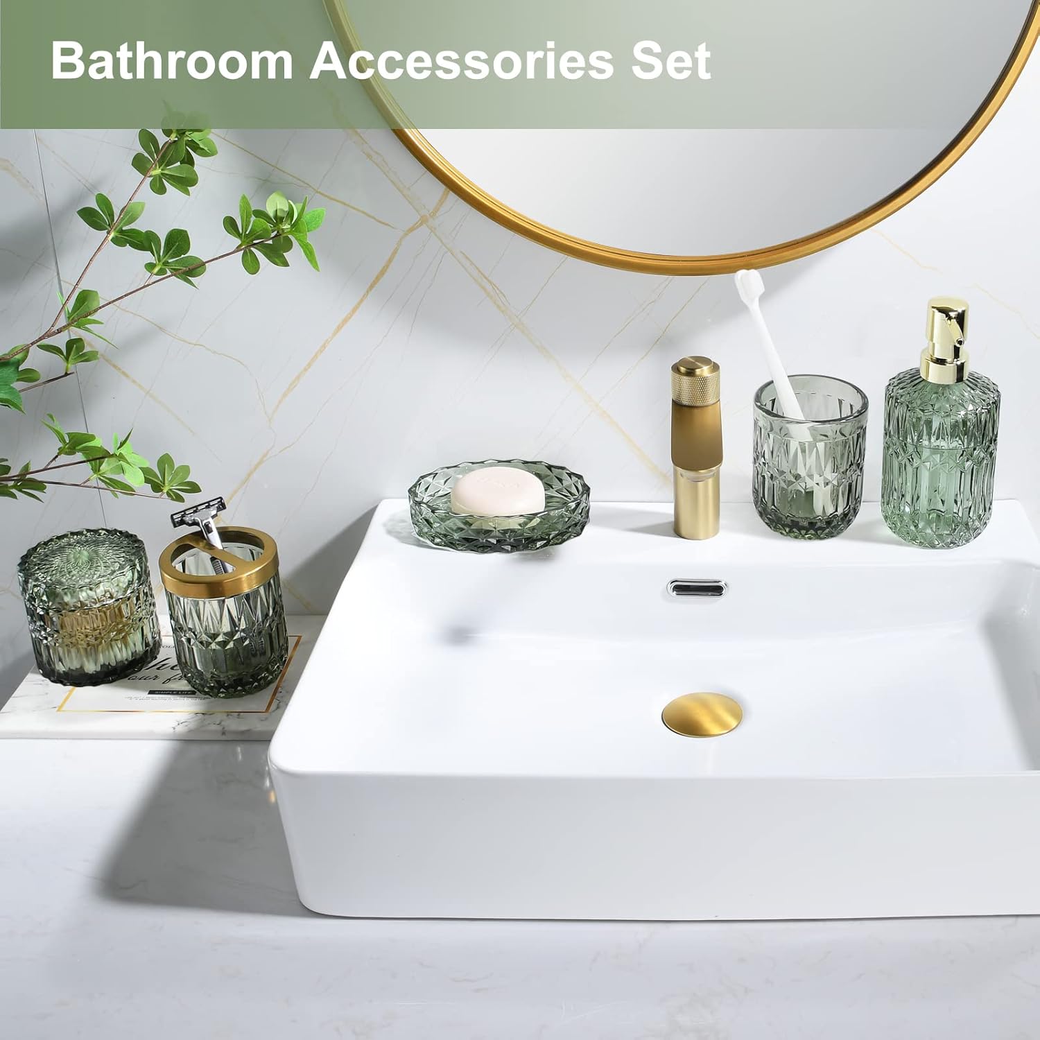 LaMarriti Green Bathroom Accessories Set 5Pcs Clear Glass