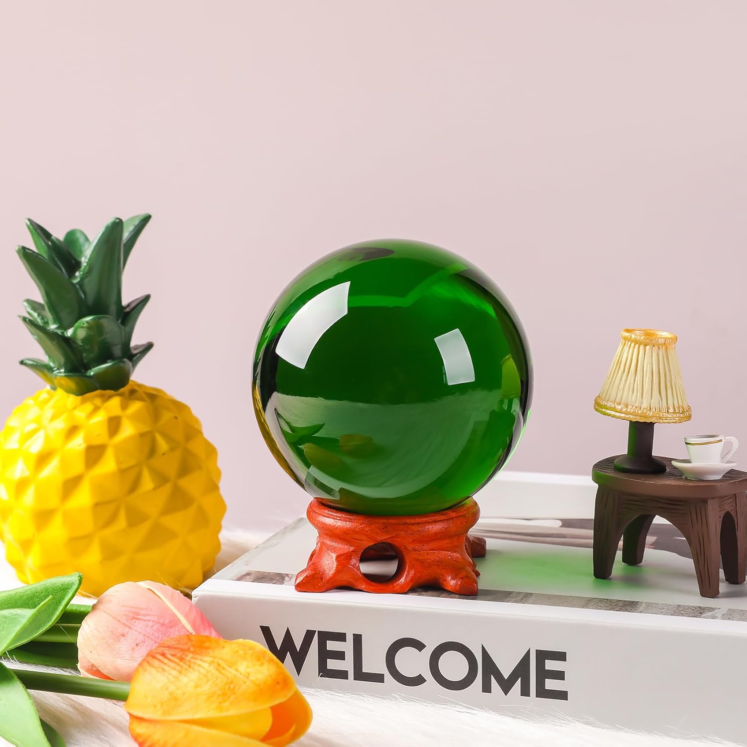 Modaier Green Crystal Ball 80mm with Rose Stand and Gift Box
