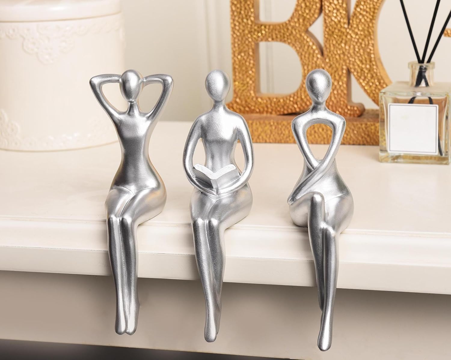 Quoowiit 3-Piece Thinker Statue Silver Sculpture Desk Decor