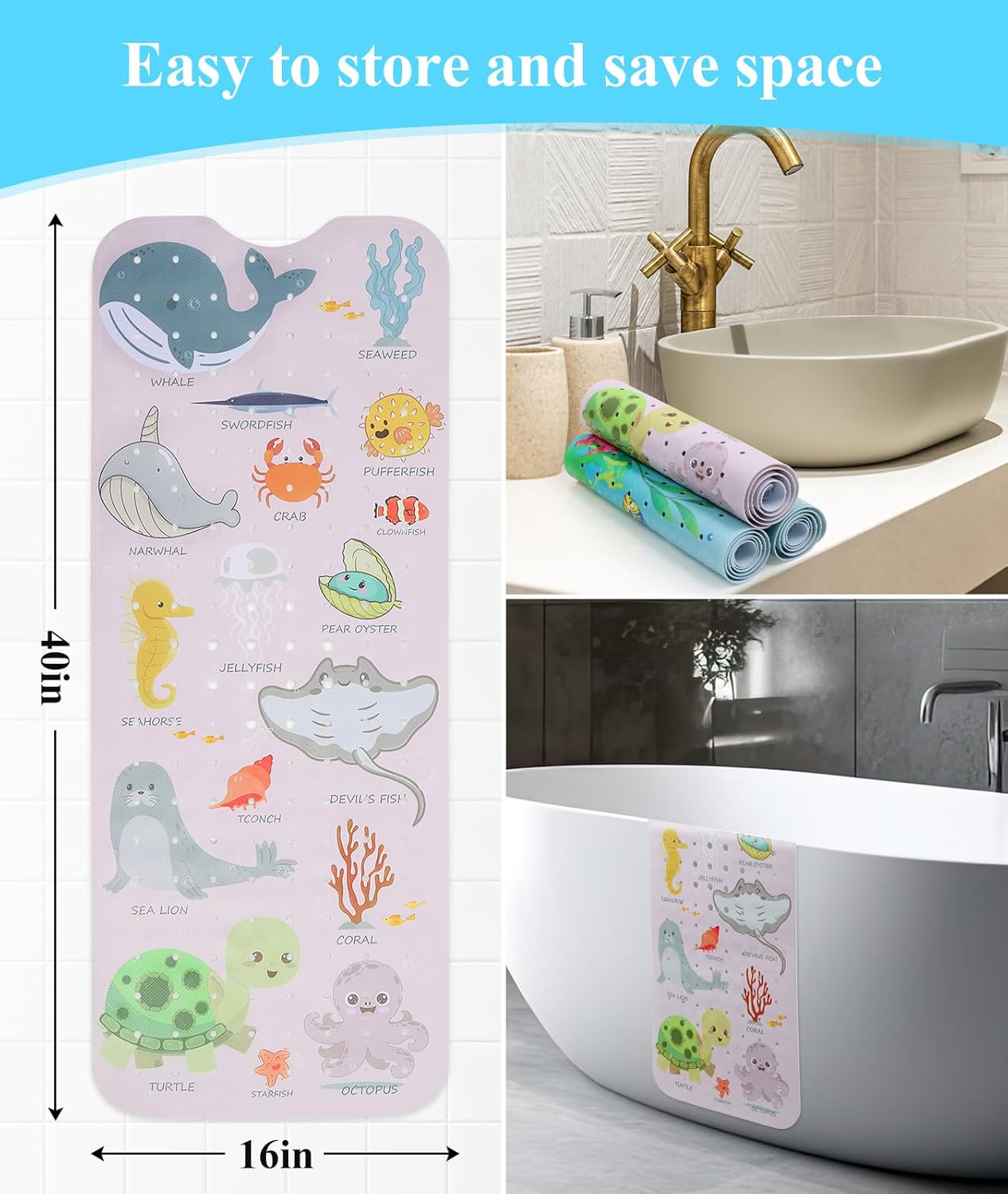 Secopad Baby Bath Mat with Suction Cups and Drain Holes 1