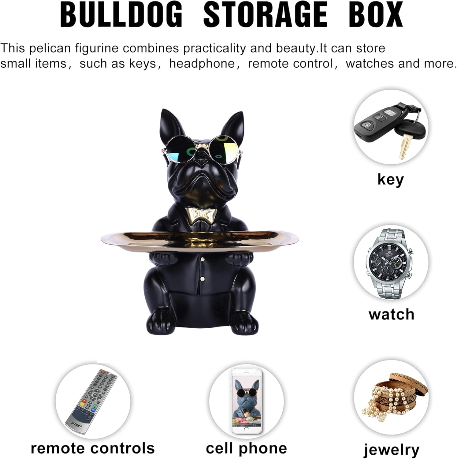 French Bulldog Resin Statue Key Holder Tray Decor