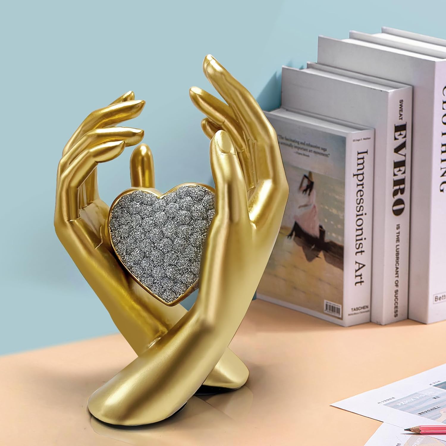 Gold Heart Hands Sculpture for Home Office Bedroom Decor