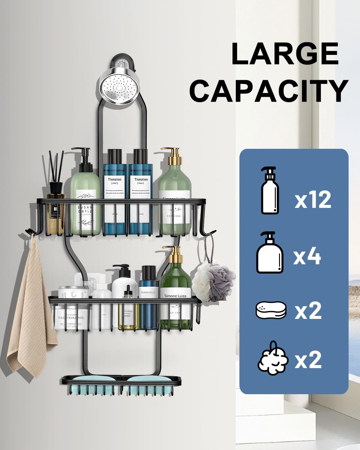 MSAICOE Shower Caddy with 6 Hooks and 3 Baskets - Aluminum Never Rust Black