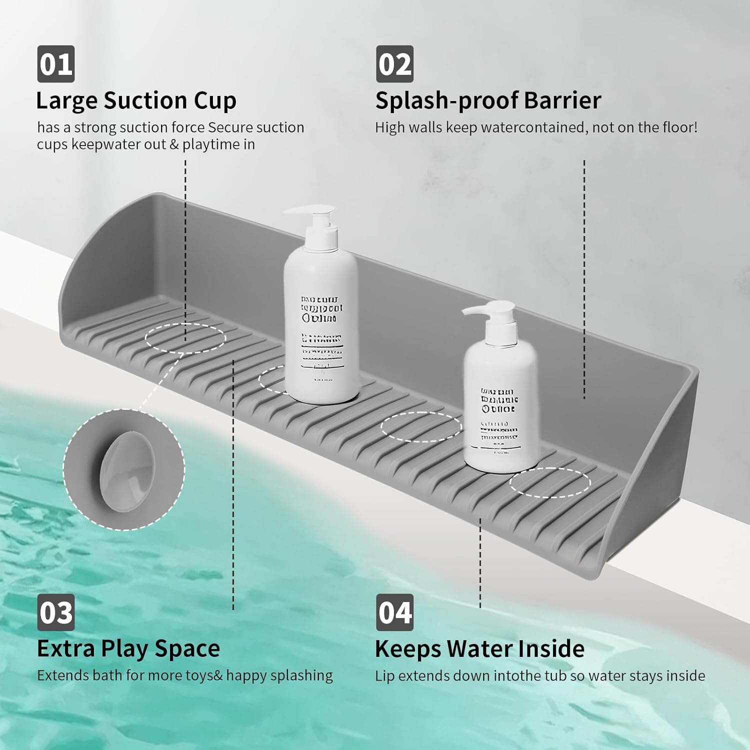 BUQ Splash Guard for Bathtub - 4 Suction Cups Gray 1 Pack