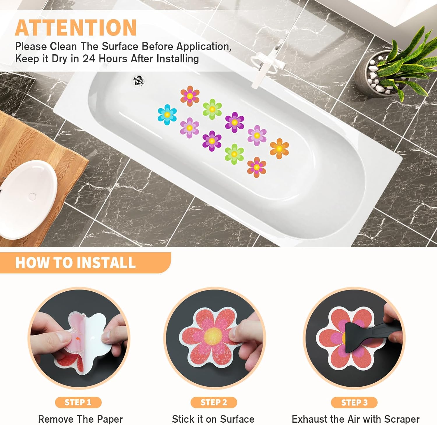 Non Slip Bathtub Stickers with Scraper 20 PCS Bright Flowers Design