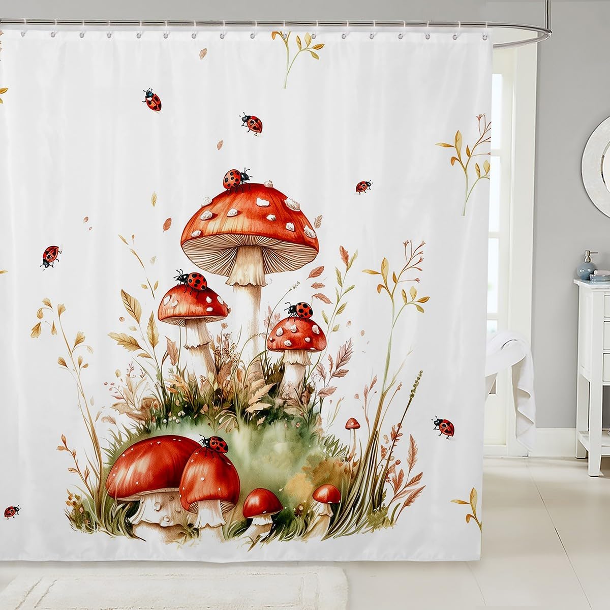 Feelyou Mushroom Bath Curtain with Ladybug Design