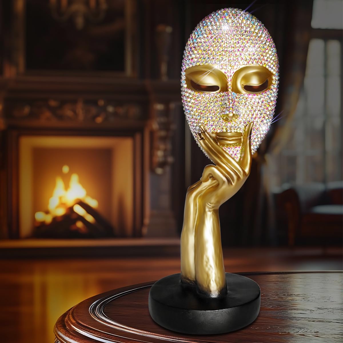 Bling Thinker Statue Golden Rhinestone Female Mask Sculpture for Home Office Decor