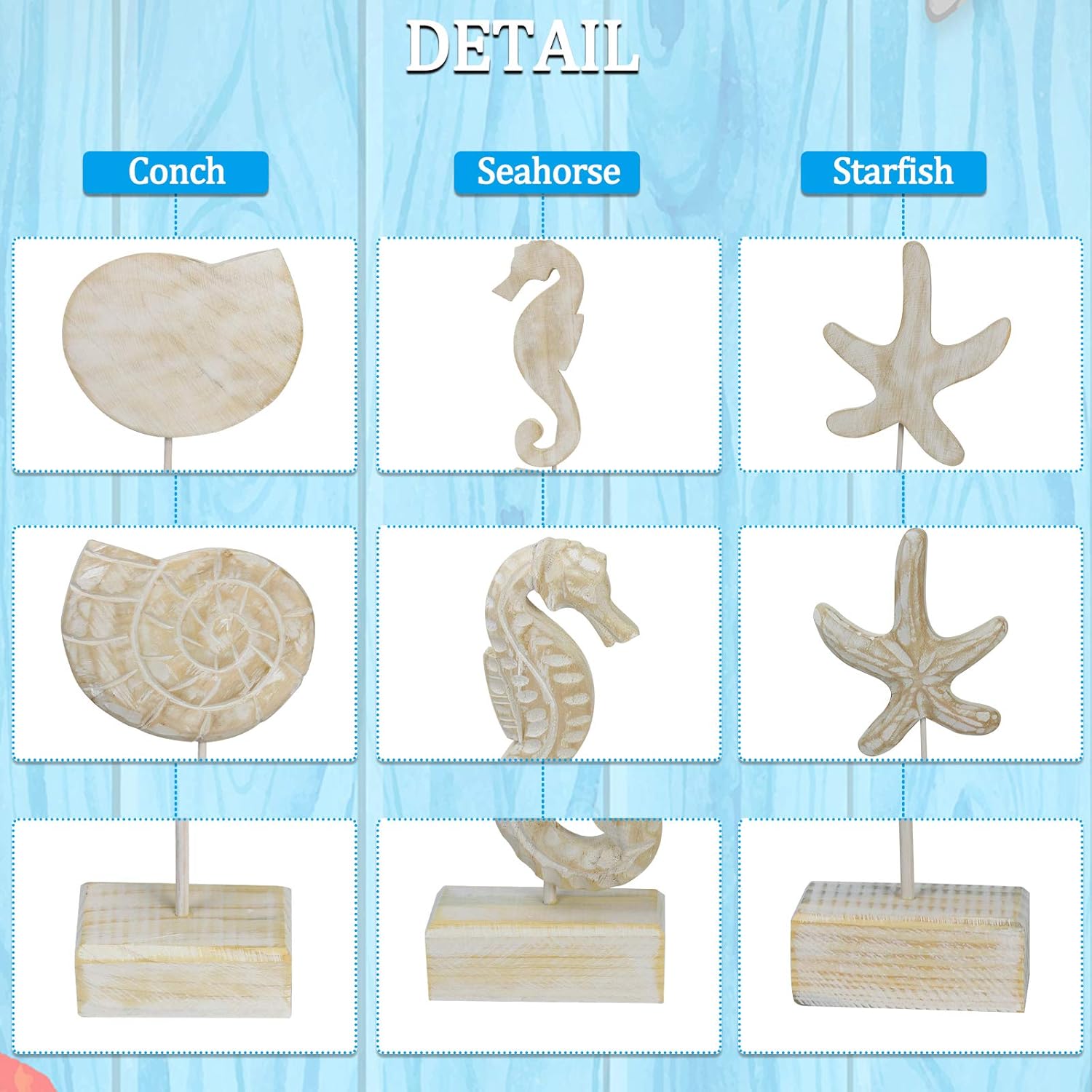 Exttlliy 3pcs Wood Handmade Beach Statues Set