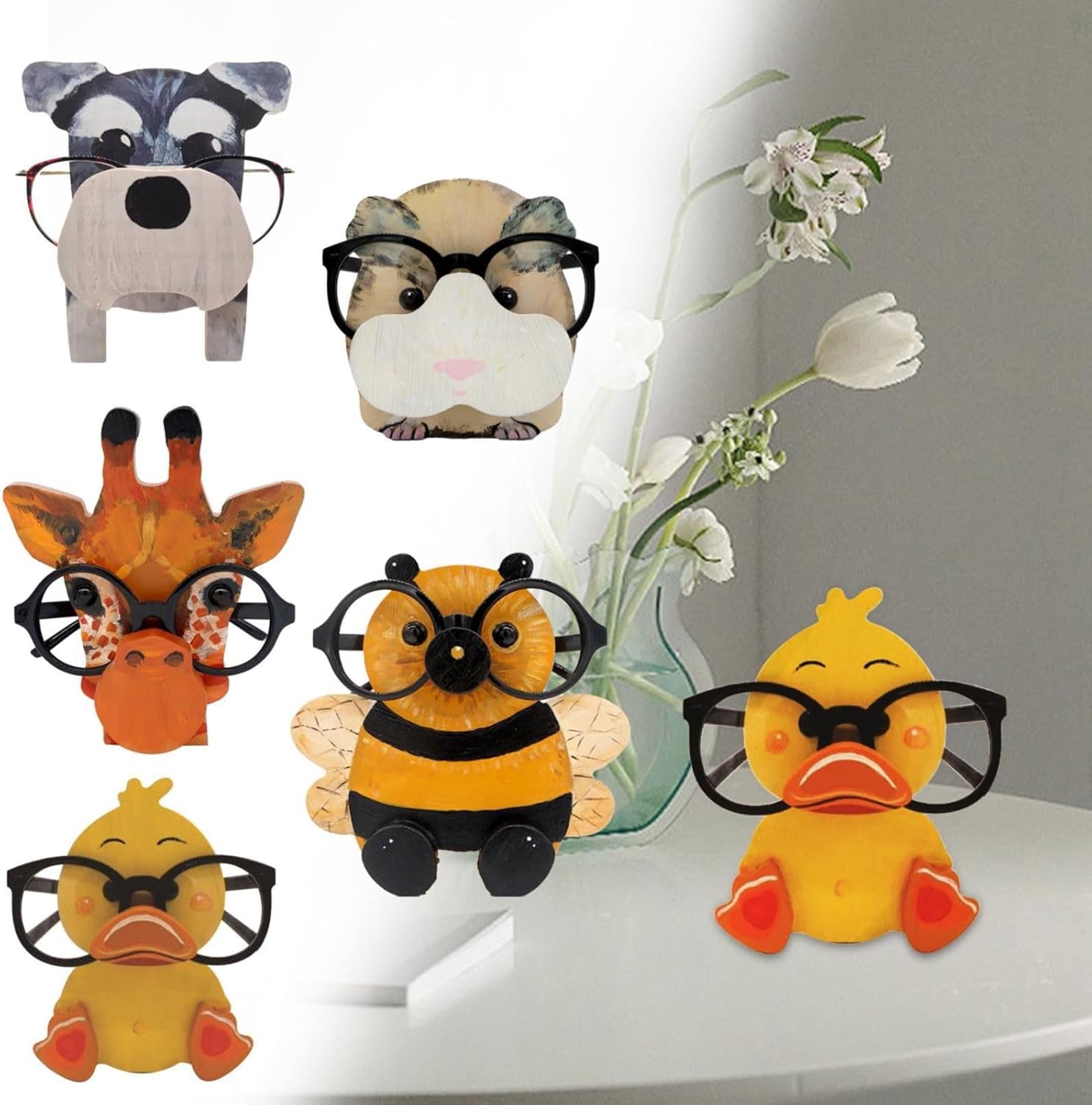Small Statue Collectible Figurines - Cute Resin Animal Glasses Frame Sculptures for Home Office Decor