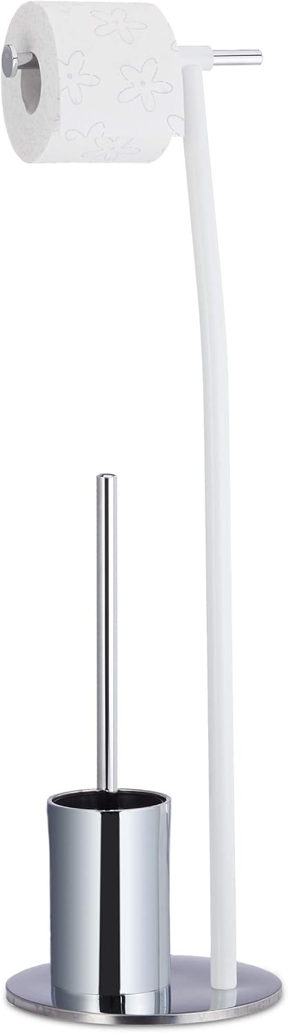 Toilet Brush Holder with Roll Holder - Modern WhiteChrome