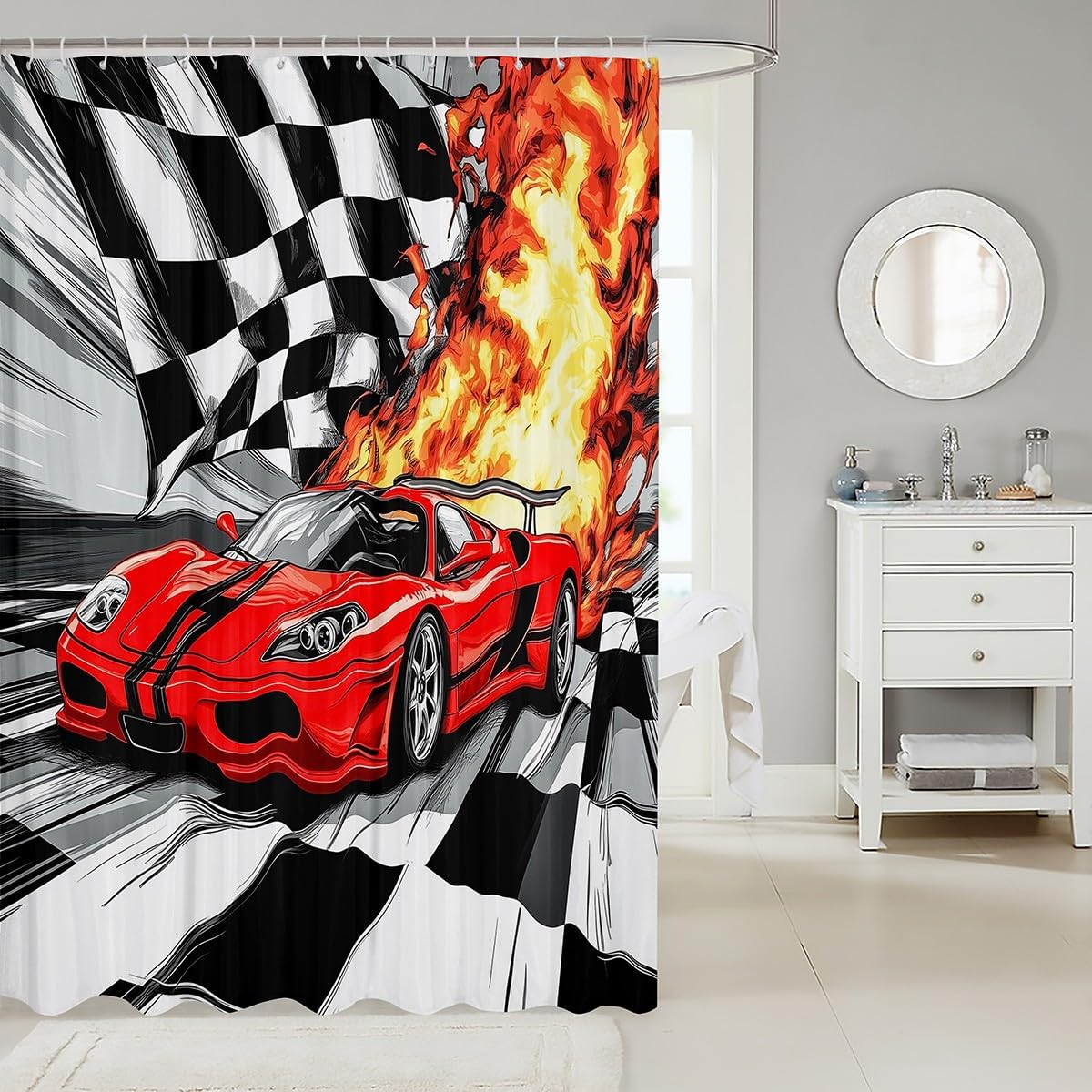 Feelyou Kids Red Race Car Shower Curtain Set 72x72