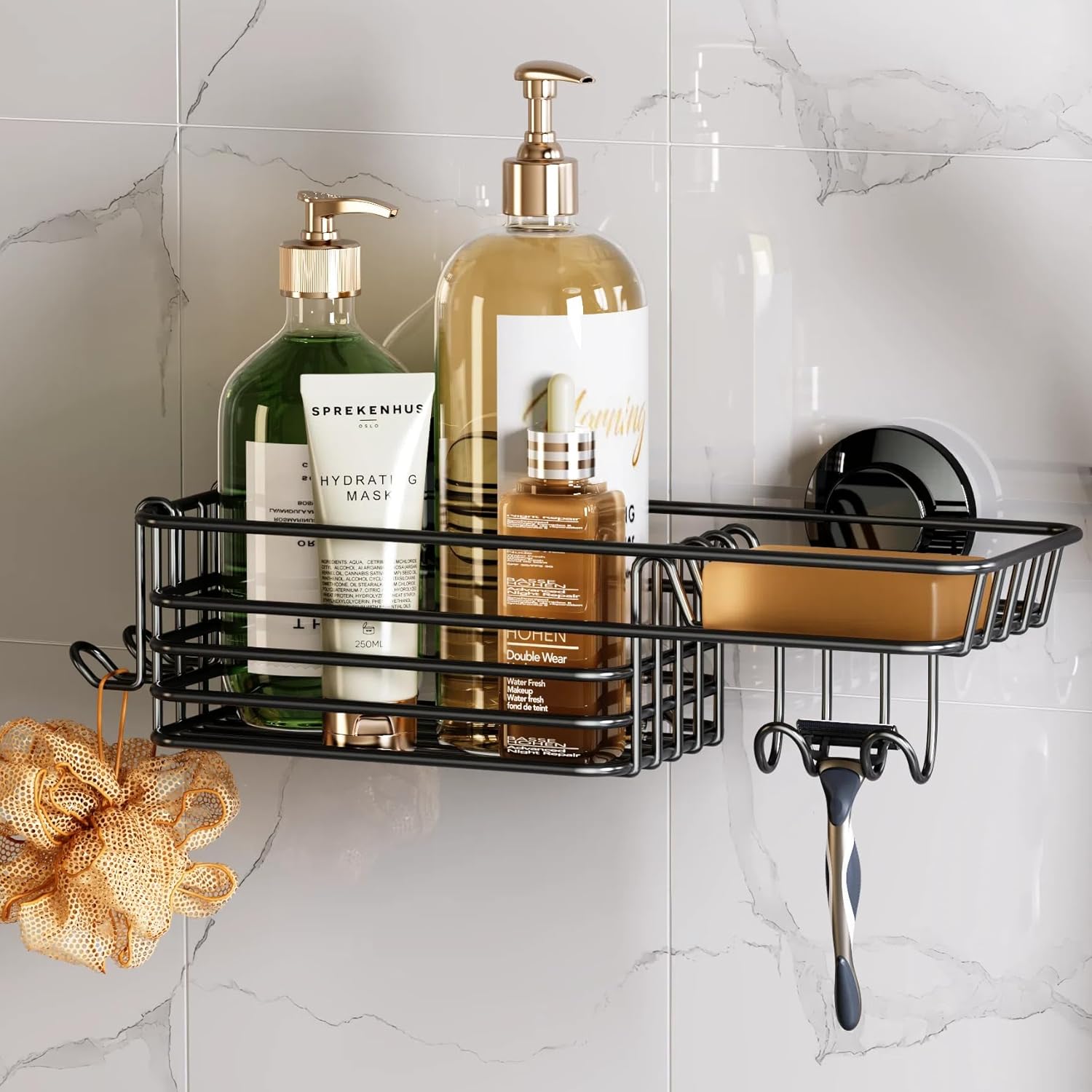TAILI Heavy Duty Suction Shower Caddy with Hooks and Soap Holder