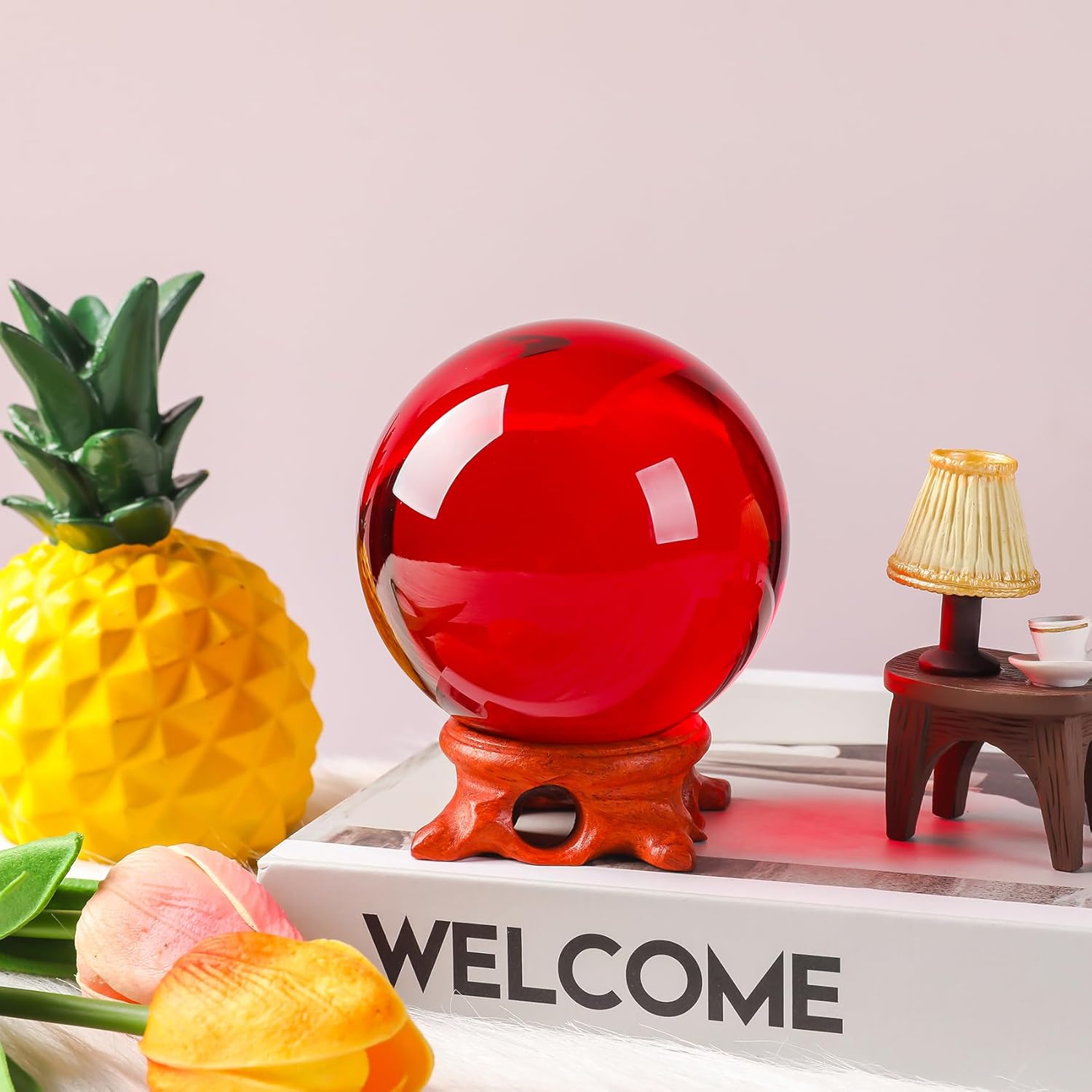 Modaier 100mm Red Crystal Ball with Rose Stand and Gift Box