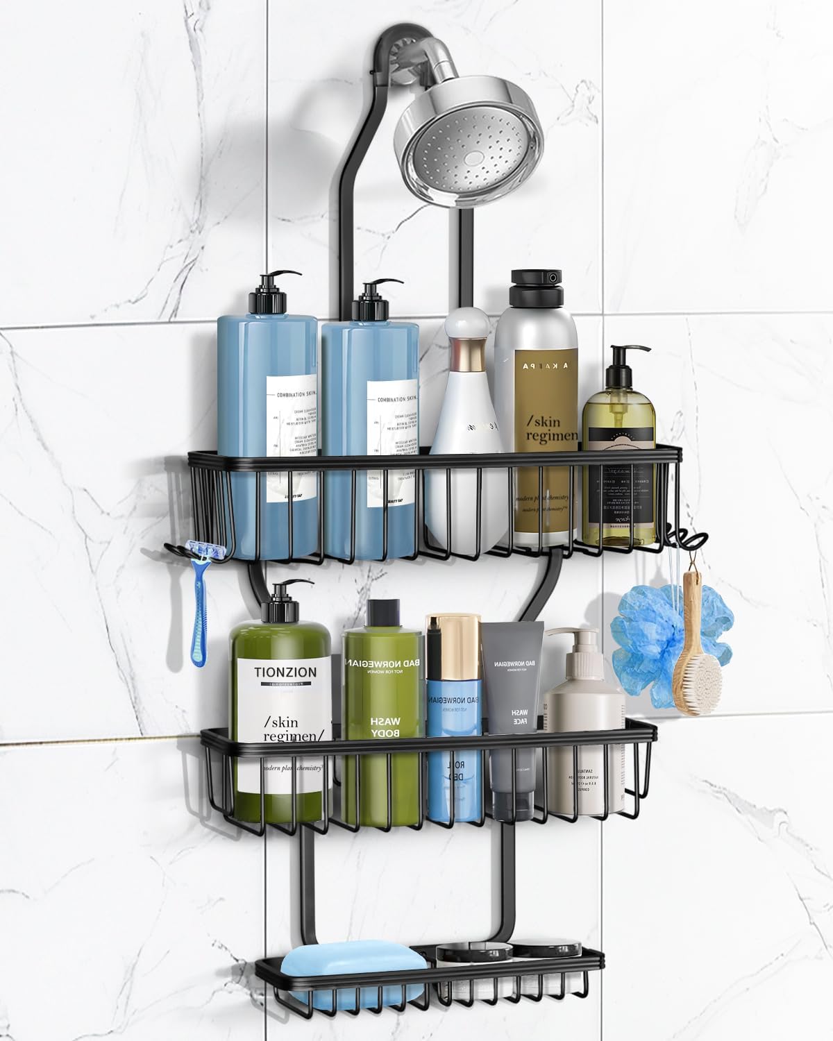 MSAICOE Shower Caddy with 6 Hooks and 3 Baskets - Aluminum Never Rust Black