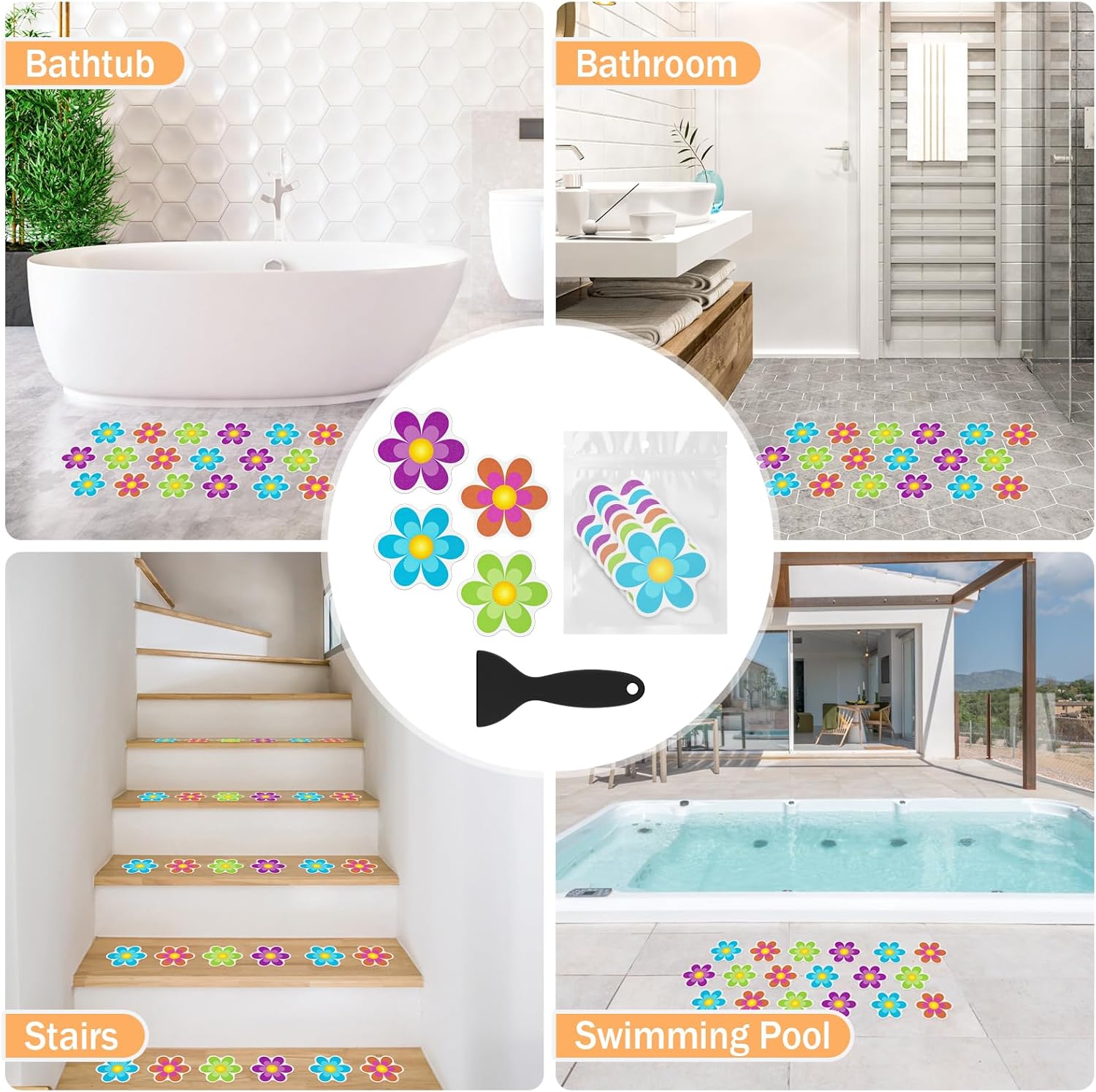 Non Slip Bathtub Stickers with Scraper 20 PCS Bright Flowers Design