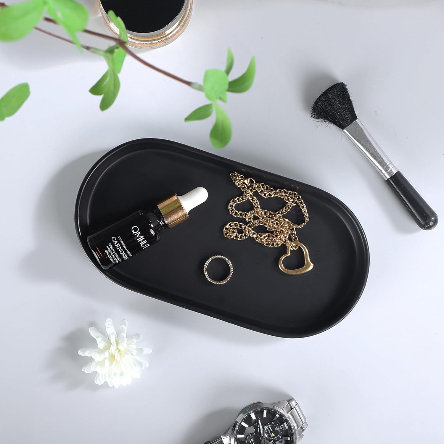 Matte Black Ceramic Soap Dispenser Tray - 8 Inch Vanity Organizer