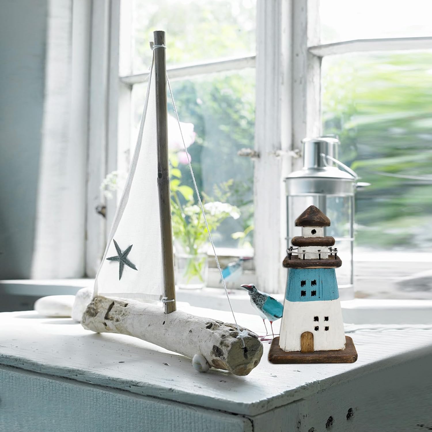 Wooden Lighthouse Decor Blue Nautical Centerpiece 1