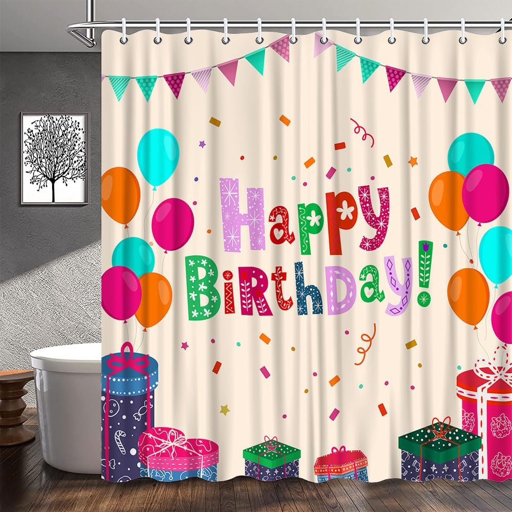 Happy Birthday Shower Curtain with Balloons and Stars for Boys Girls