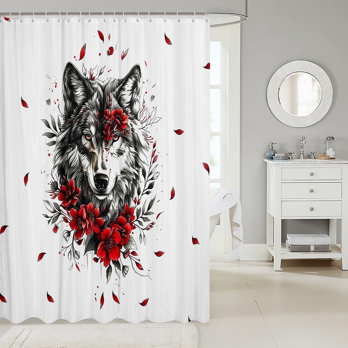 Feelyou Wolf Bath Curtain Set 72x78 Rose Floral