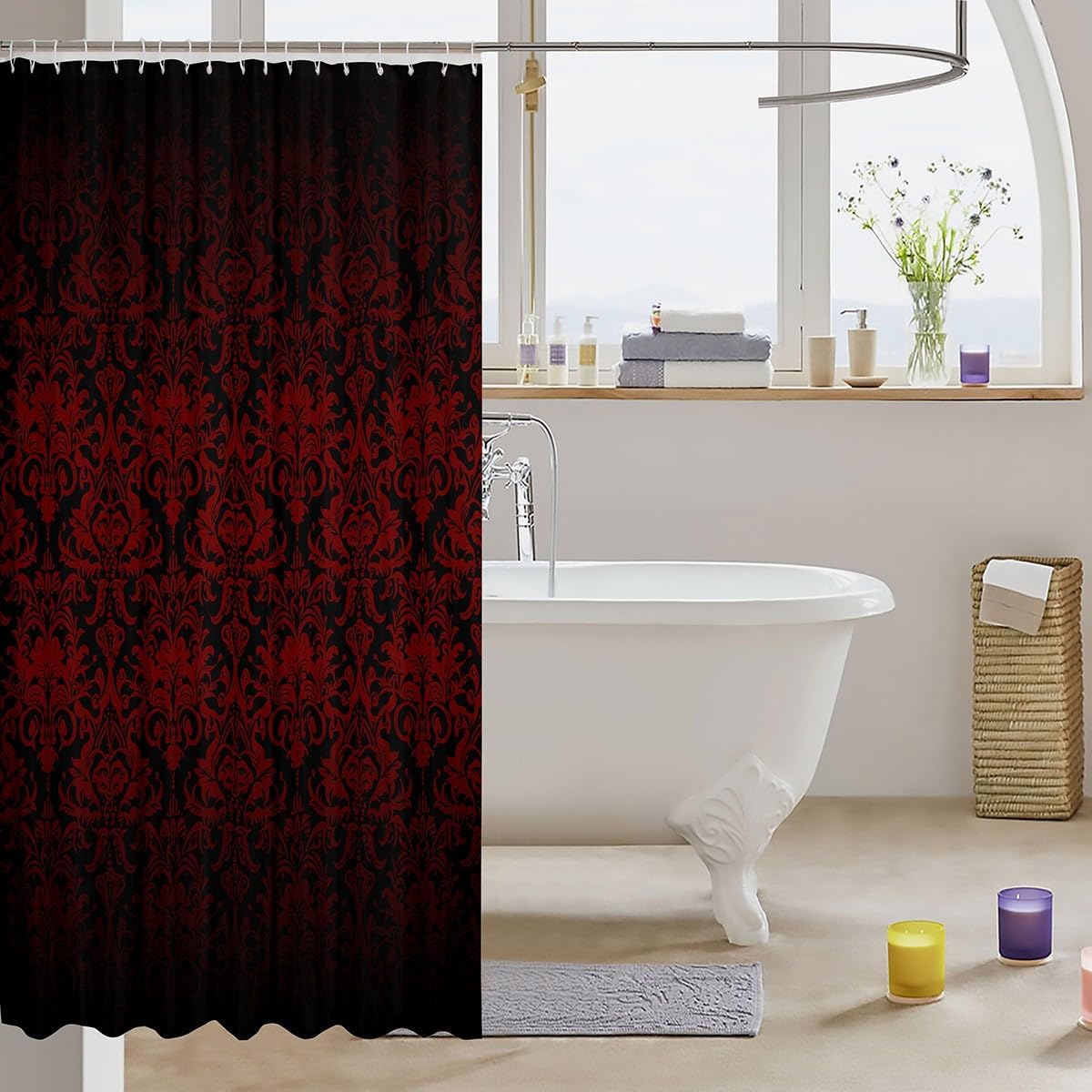 Feelyou Red Floral Jacquard Shower Curtain Set for Kids