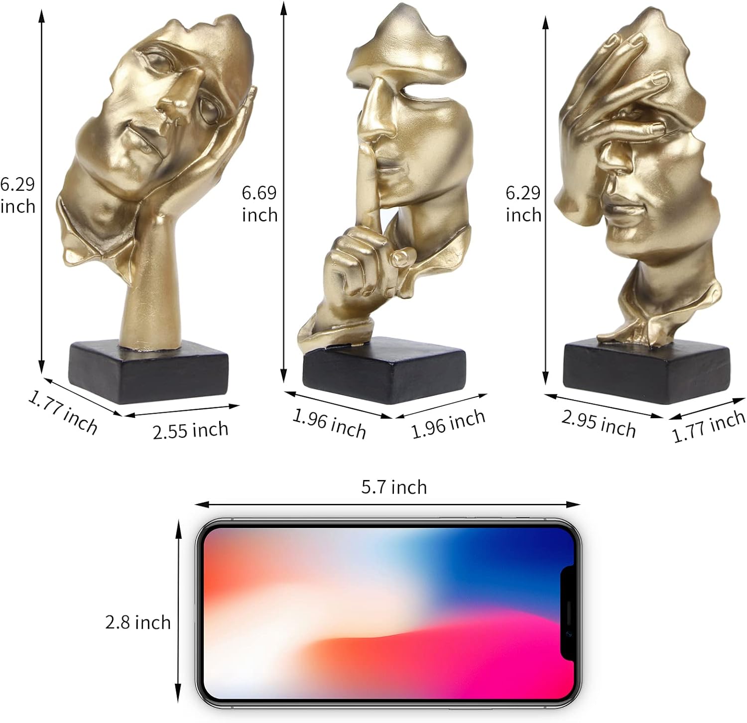 3 Pcs Thinker Statue Silence is Gold Modern Resin Decor