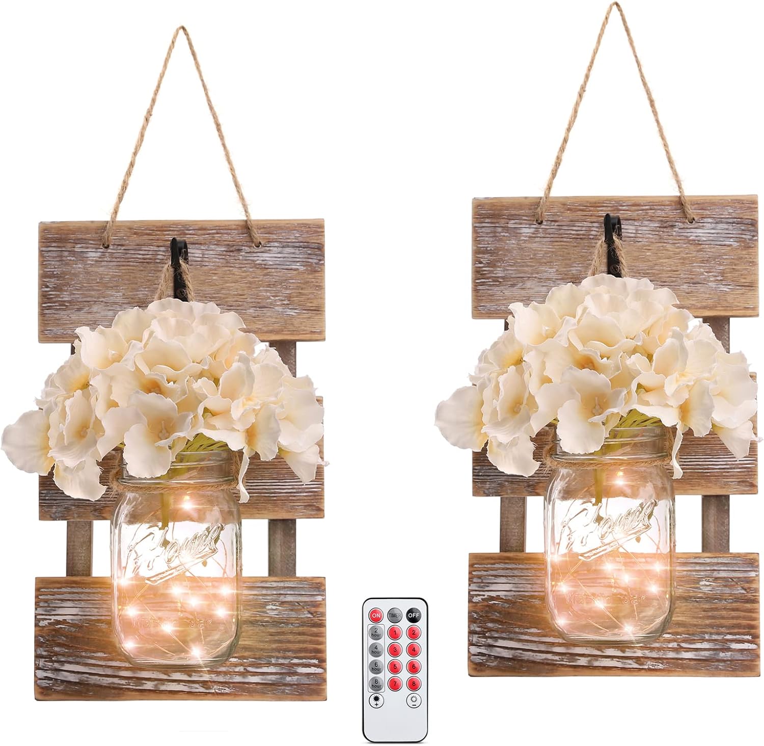 HOMKO Mason Jar Wall Decor with LED Fairy Lights - Set of 2