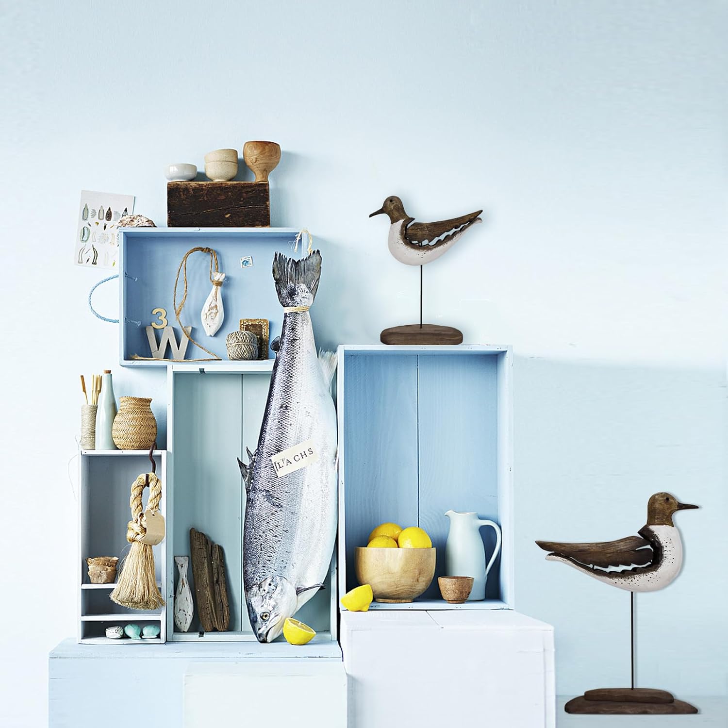 Wood Seagull Figurine Nautical Decor Statue