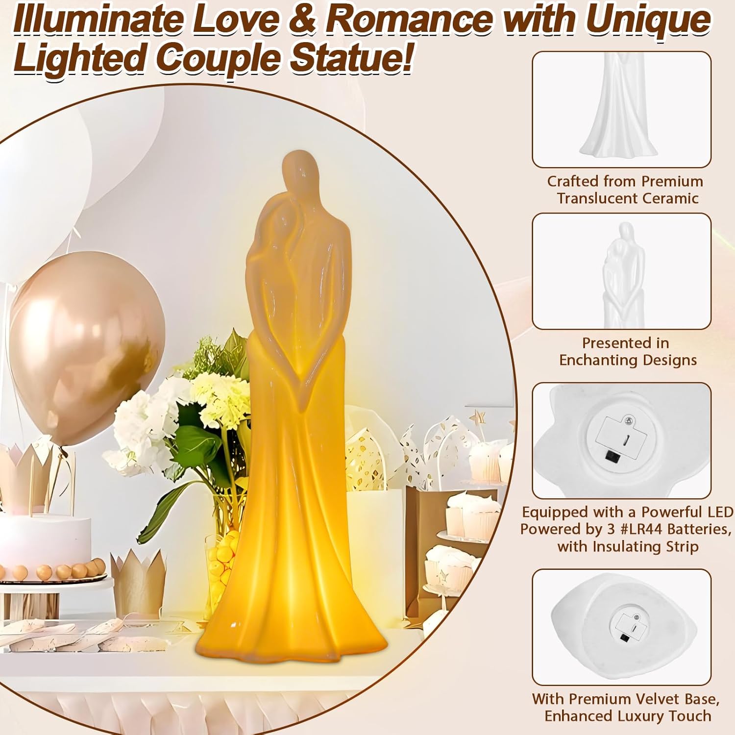 Hugging Couple Sculpture with LED Light 3PCS LR44 Batteries Included Romantic Home Decor for Couples