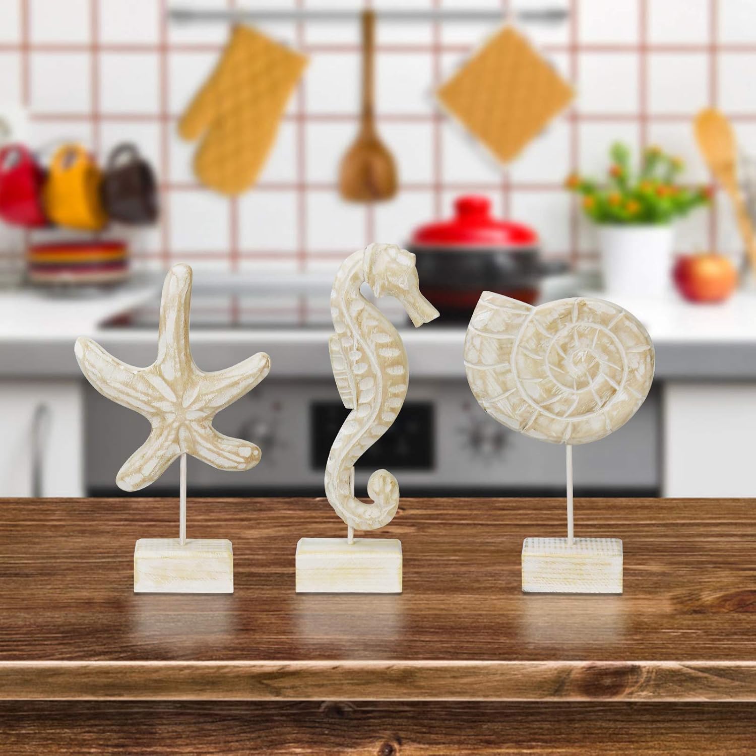 Exttlliy 3pcs Wood Handmade Beach Statues Set