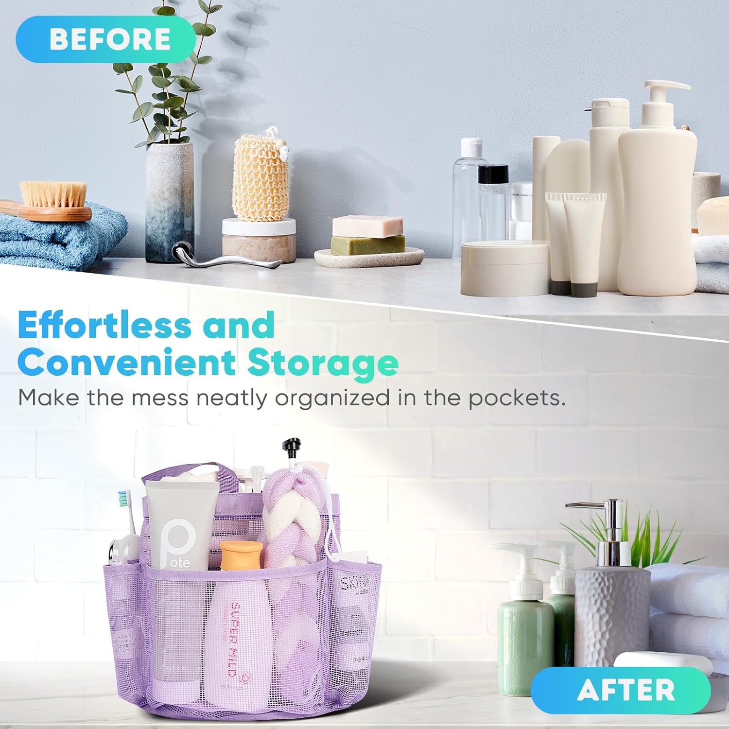 EUDELE Mesh Shower Caddy with 8 Pockets and Oxford Base - Portable for Dorm Beach Gym