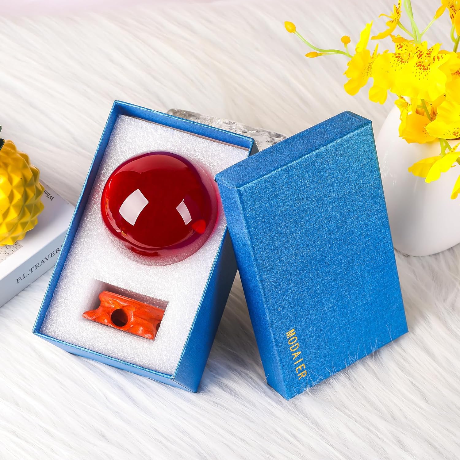 Modaier 100mm Red Crystal Ball with Rose Stand and Gift Box