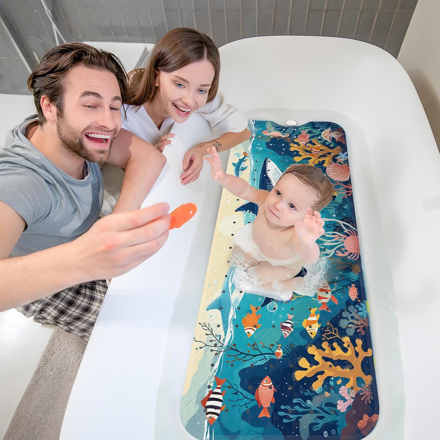 XIYUNTE Kids Bath Mat - 40x16 Non Slip with Suction Cups and Drain Holes