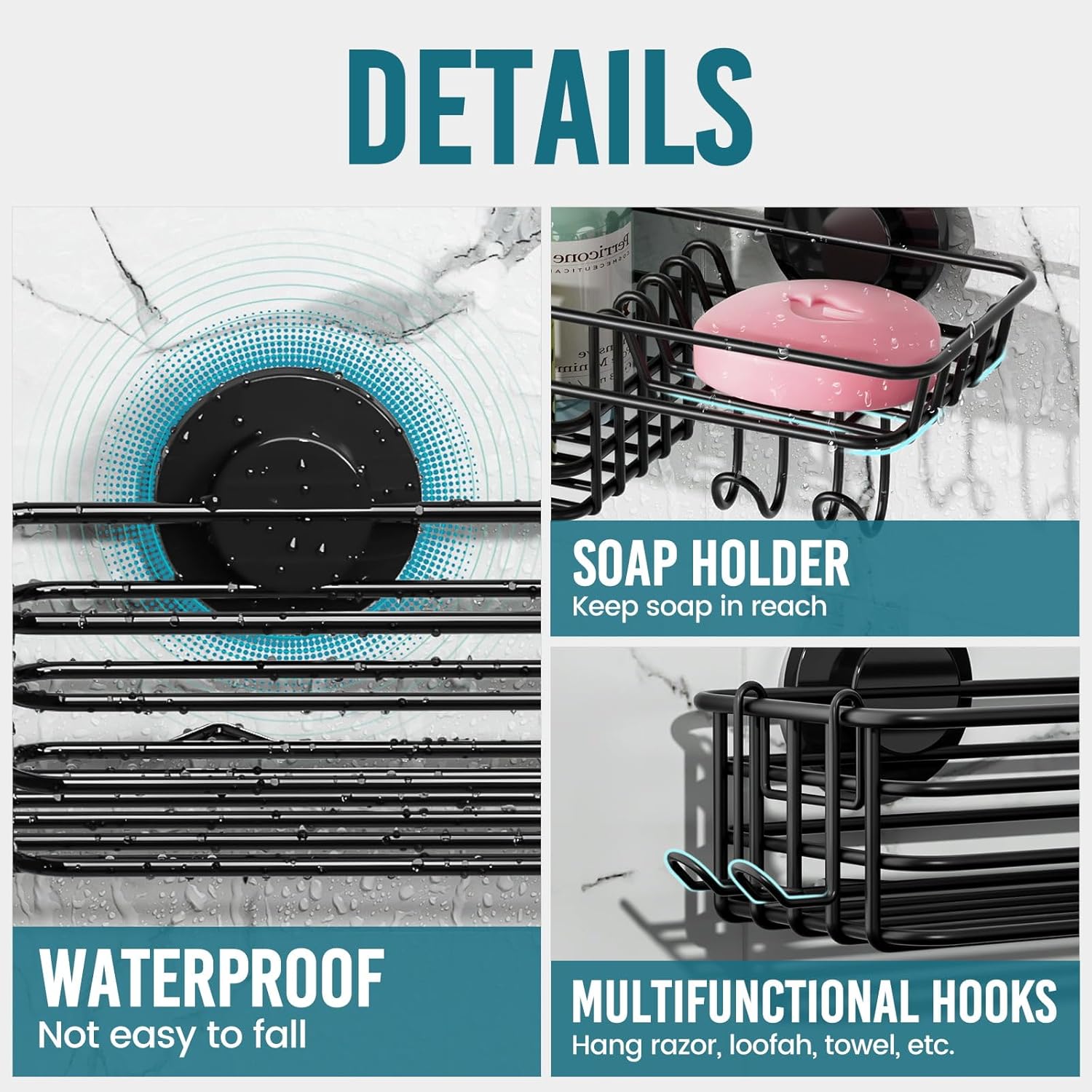 TAILI Heavy Duty Suction Shower Caddy with Hooks and Soap Holder