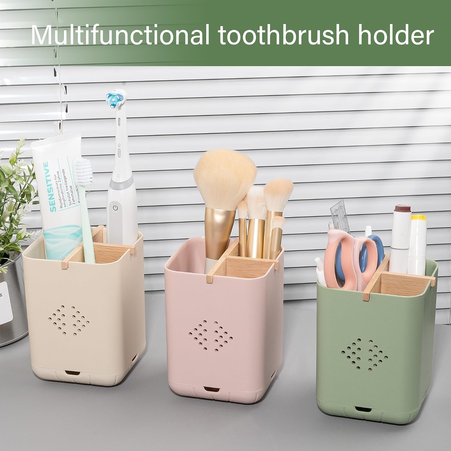 Durable Toothbrush Holder with 3 Slots Green