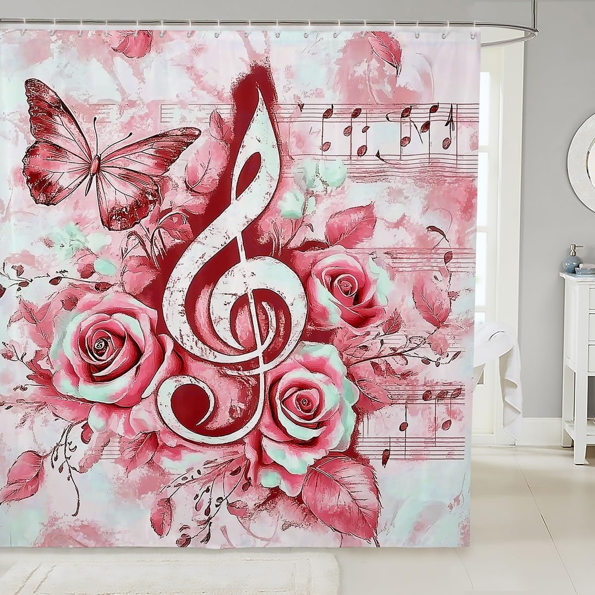 jejeloiu Music Bath Curtain 84x72 Red Notes Design