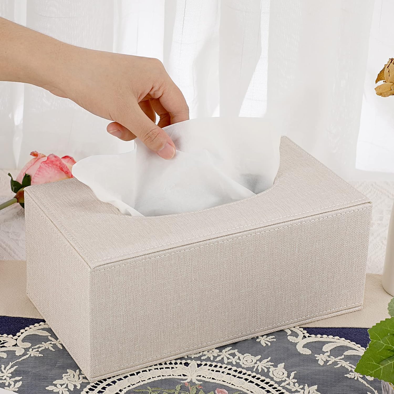 Sumnacon Tissue Box Cover Rectangle Linen Beige