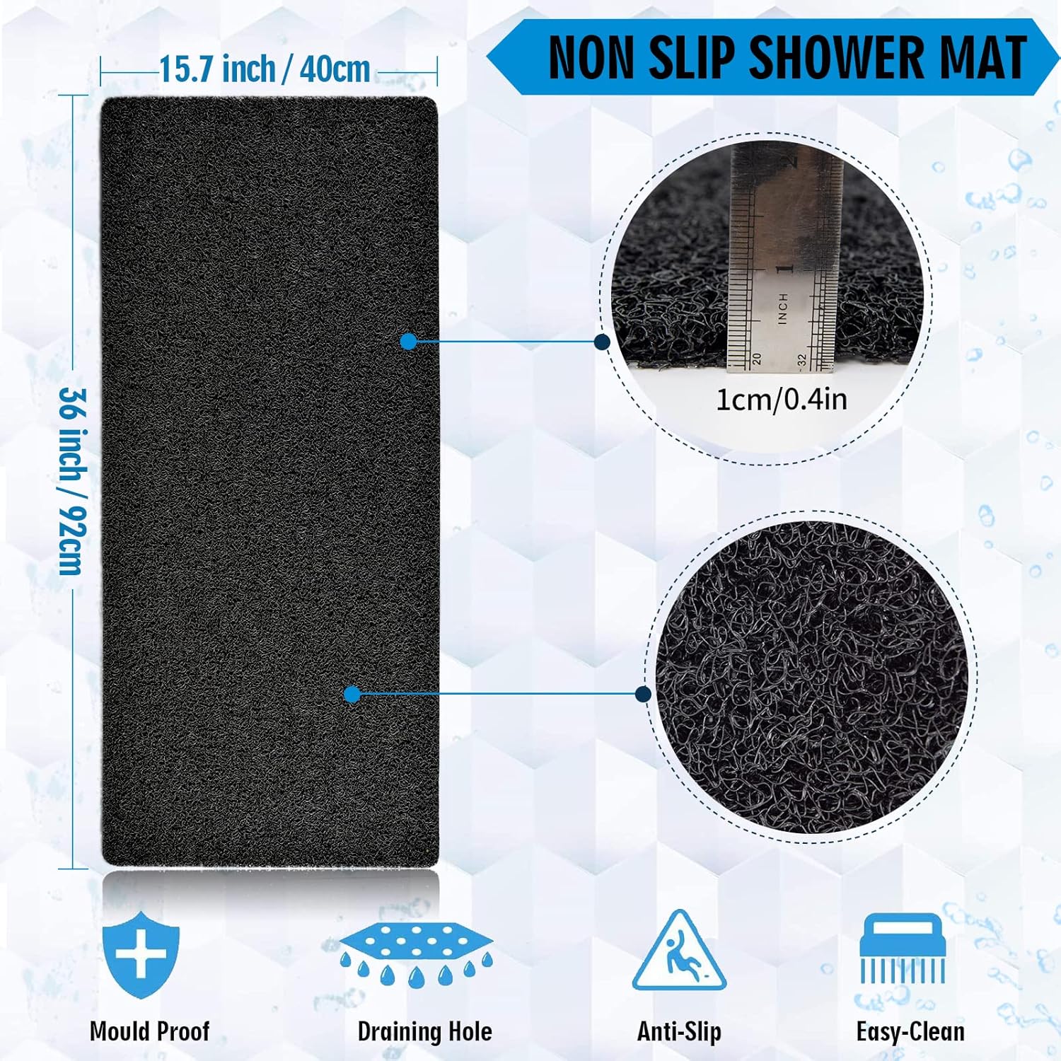 Non-Slip Bathtub Mat 157x36 Inch PVC Loofah Quick Drying Black