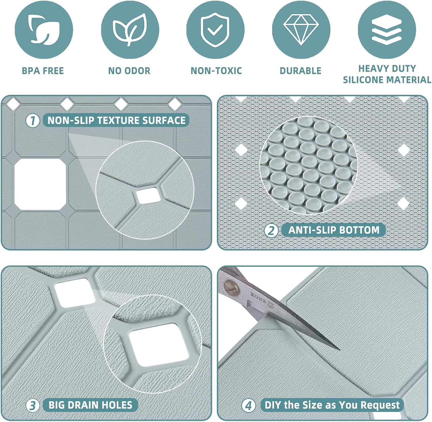 MeimeiDe Non-Slip Silicone Shower Mat 24x24 Inch Grey
