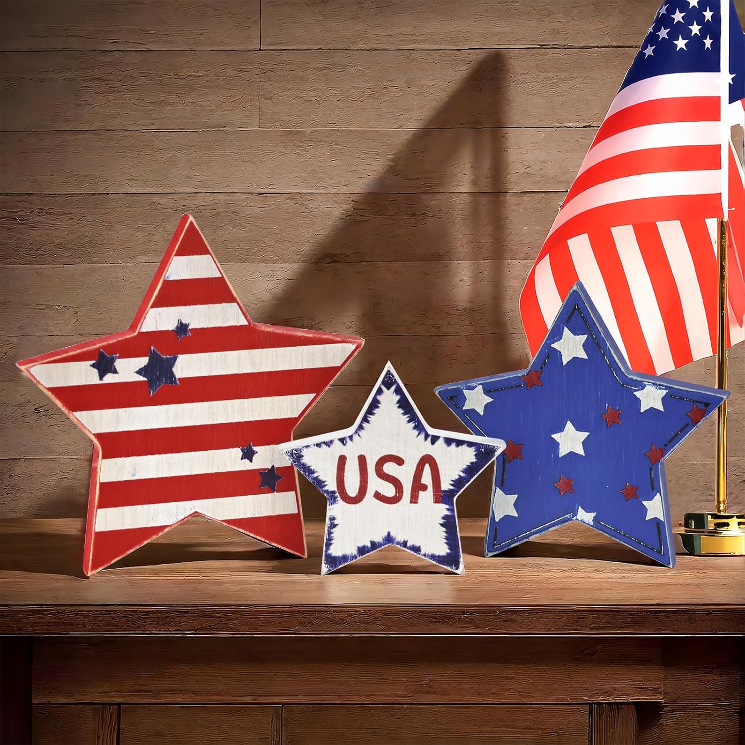 PICTTY 4th of July Stars Decor 3PC Wooden Set