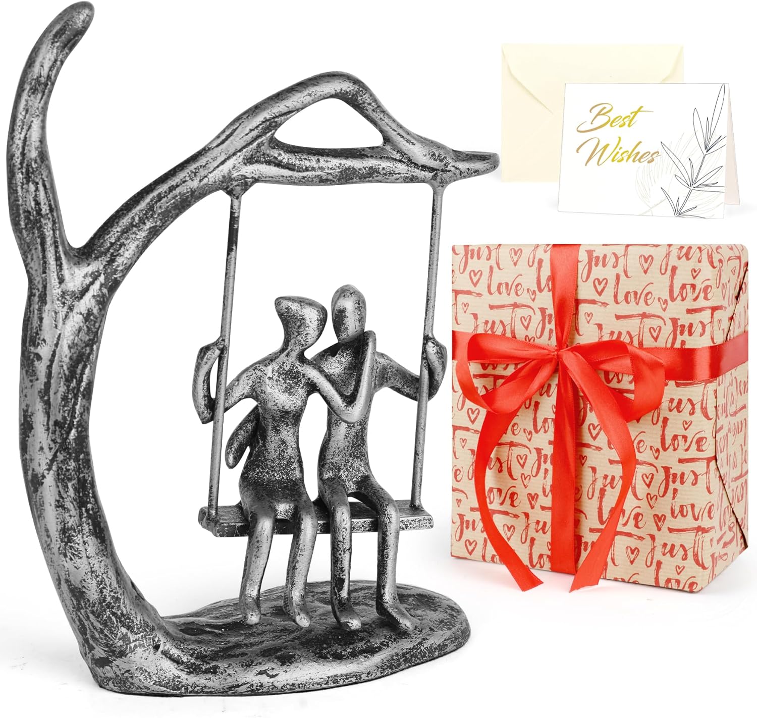 Romantic Couple Statue with Silver Finish Iron Sculpture Pink Love Keepsake Gift Set