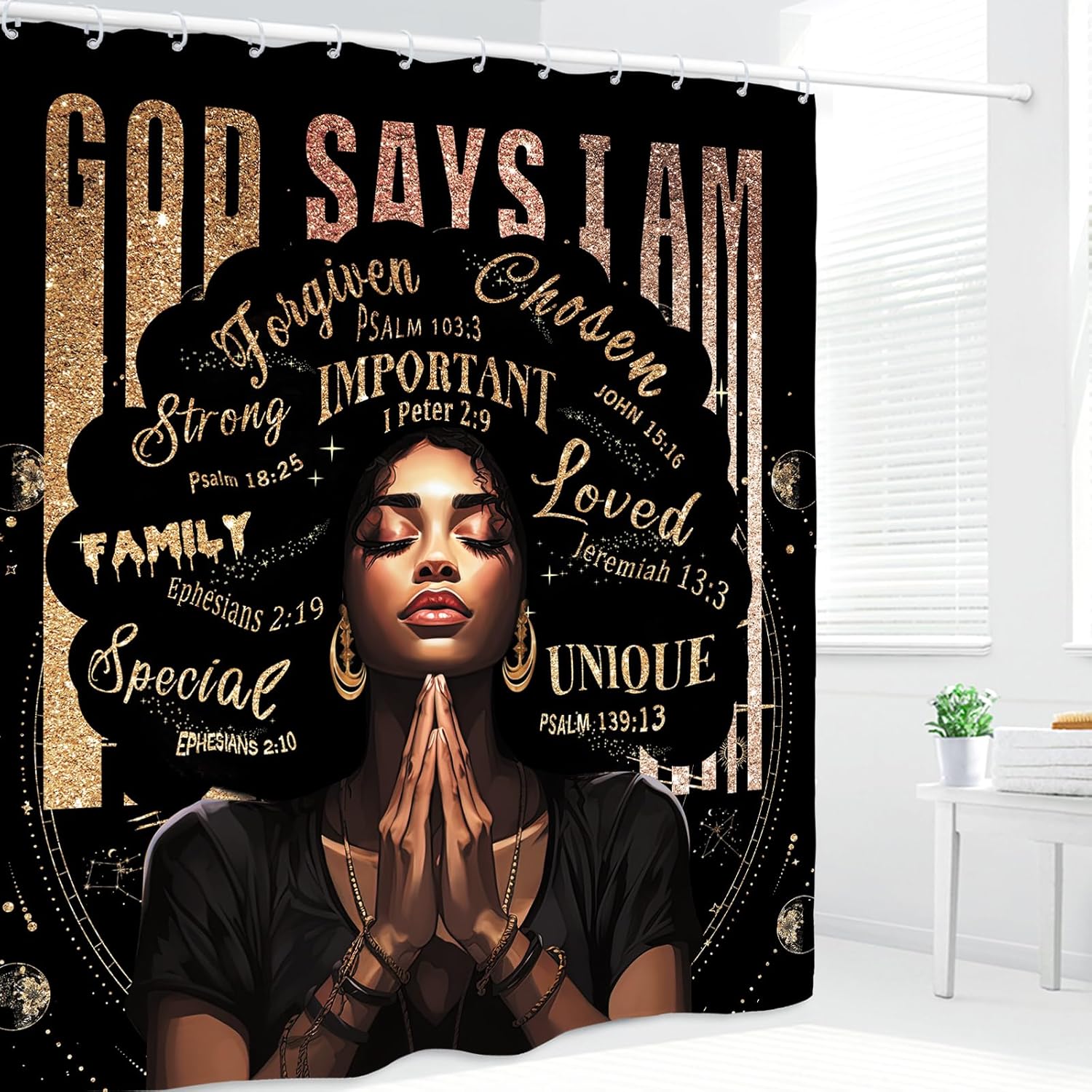 Kalmico African American Shower Curtain Set - Black Bible Quotes Motivational