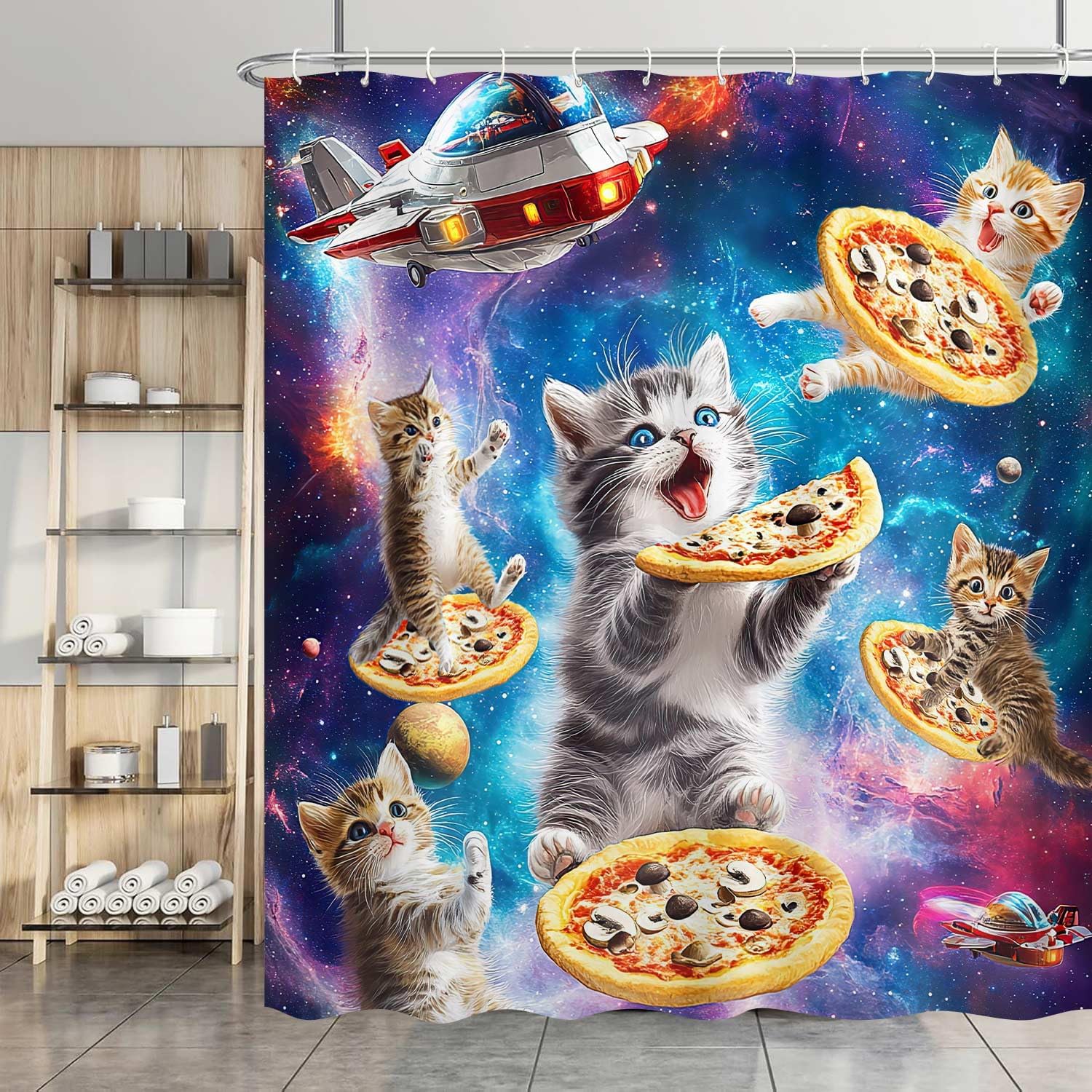 Funny Galaxy Space Cat Pizza Shower Curtain 72x72
