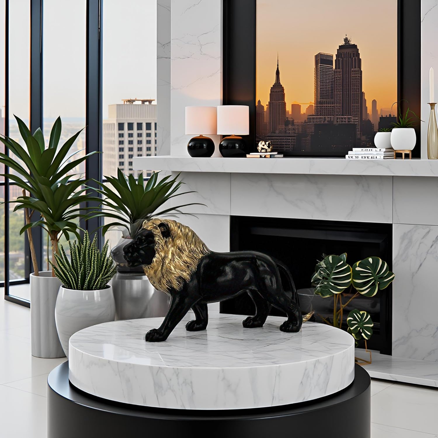 12 Black Gold Lion Statue Handmade Resin Decor
