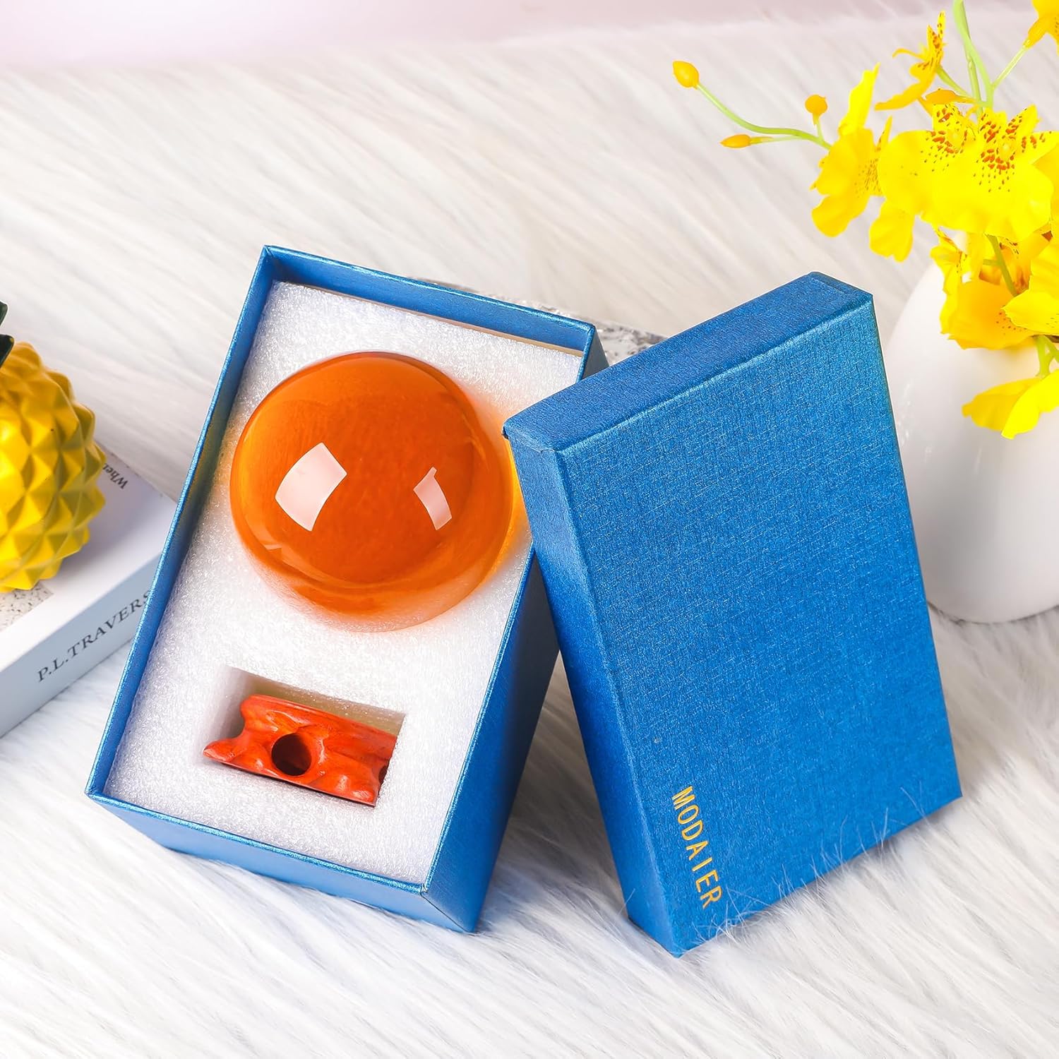 Modaier Small Amber Crystal Ball 60mm with Rose Stand and Gift Box