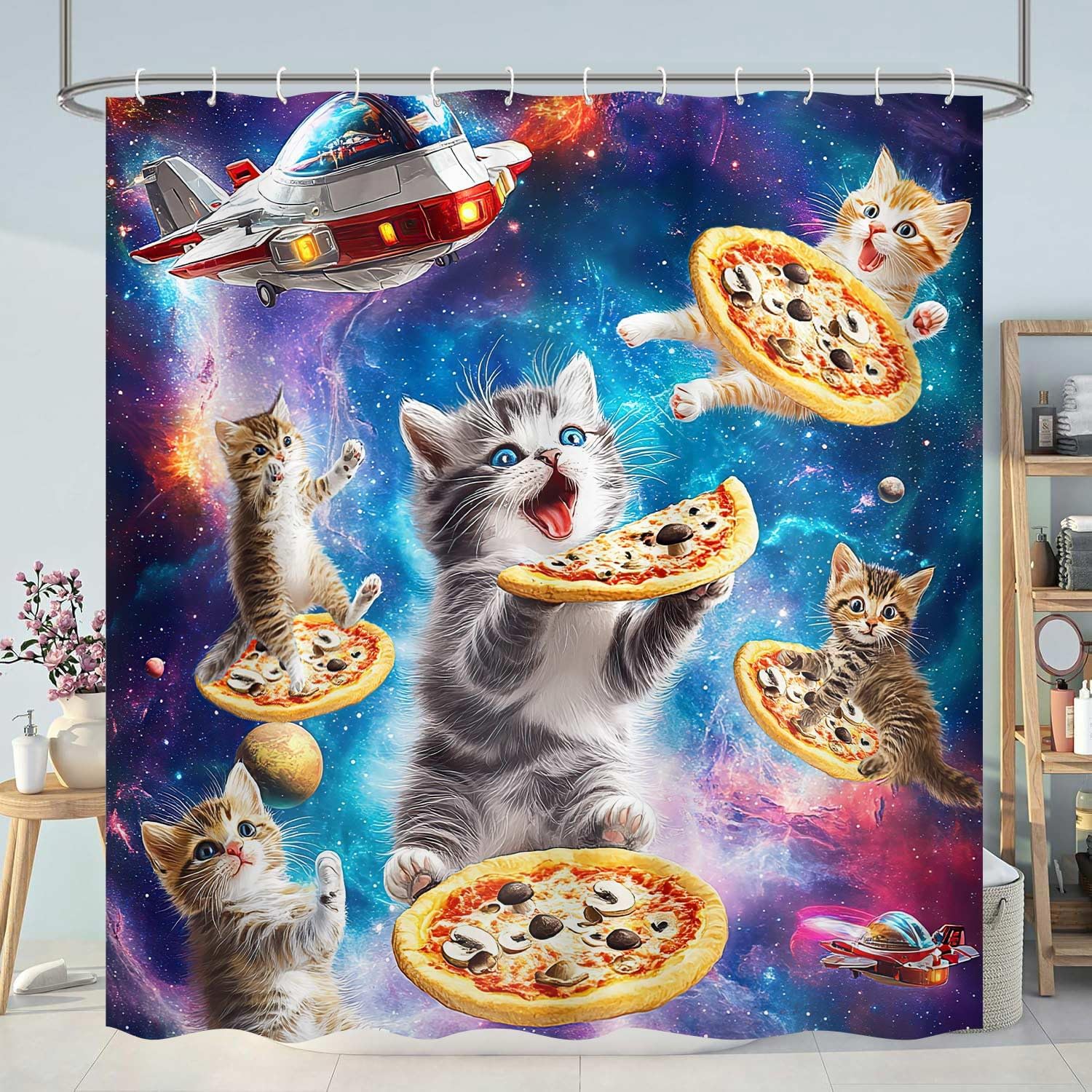 Funny Galaxy Space Cat Pizza Shower Curtain 72x72