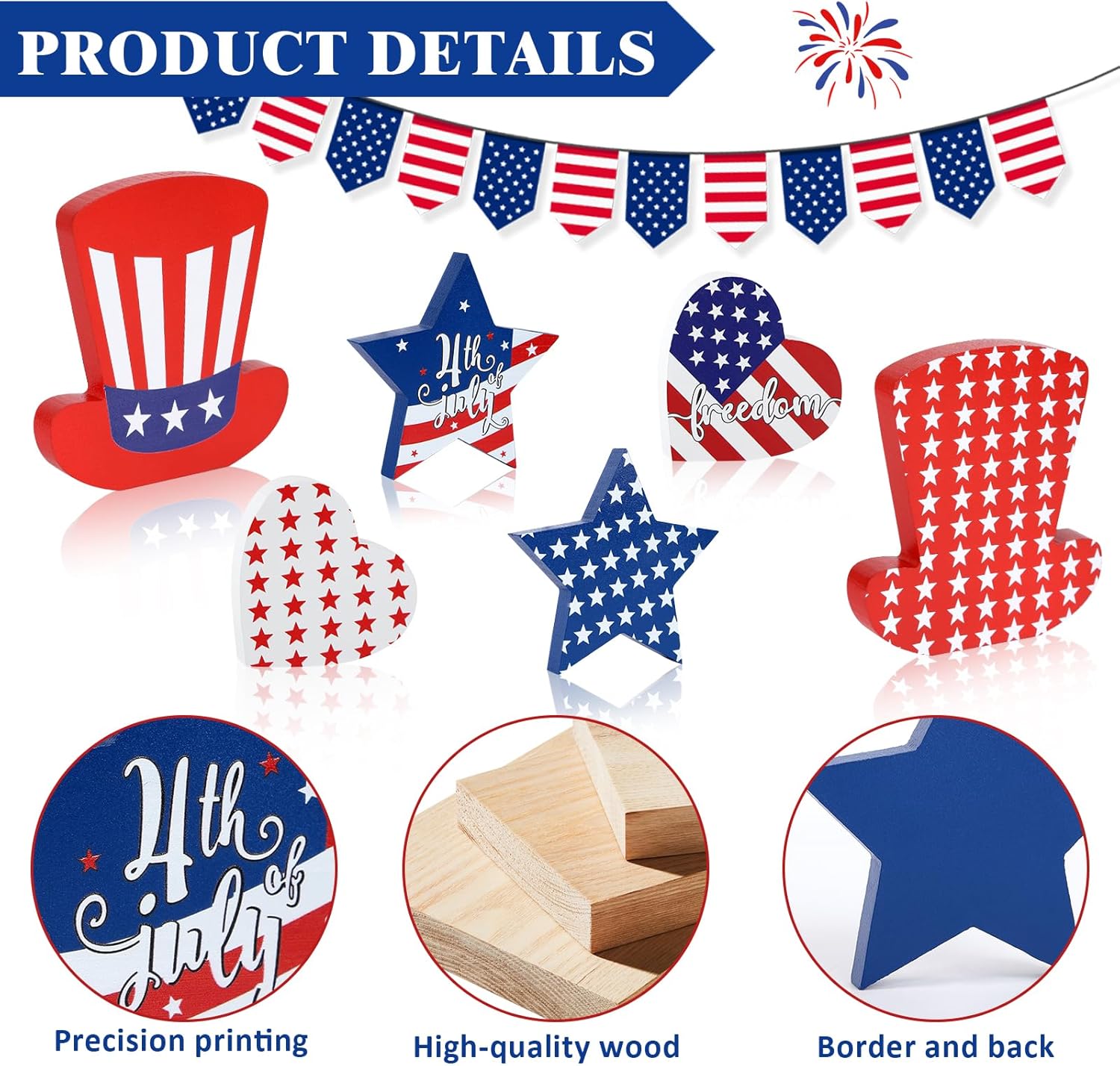 WENMAQIN 4th of July Decor Wooden Star Signs Set 6PCS