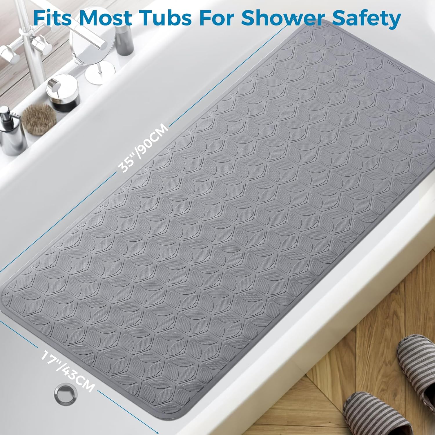 WRISIN Non-Slip Bathtub Mat with Suction Cups - 17x35 Inch Gray